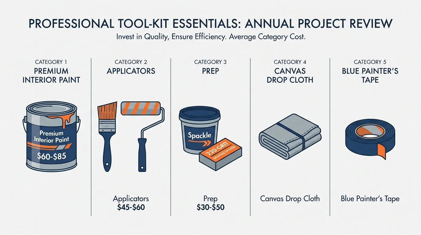 An infographic showing a paint can, brushes, sanding sponge, and drop cloth with price labels for each.