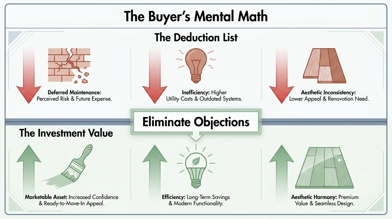 An infographic showing how buyers subtract value for maintenance issues and add value for strategic upgrades.