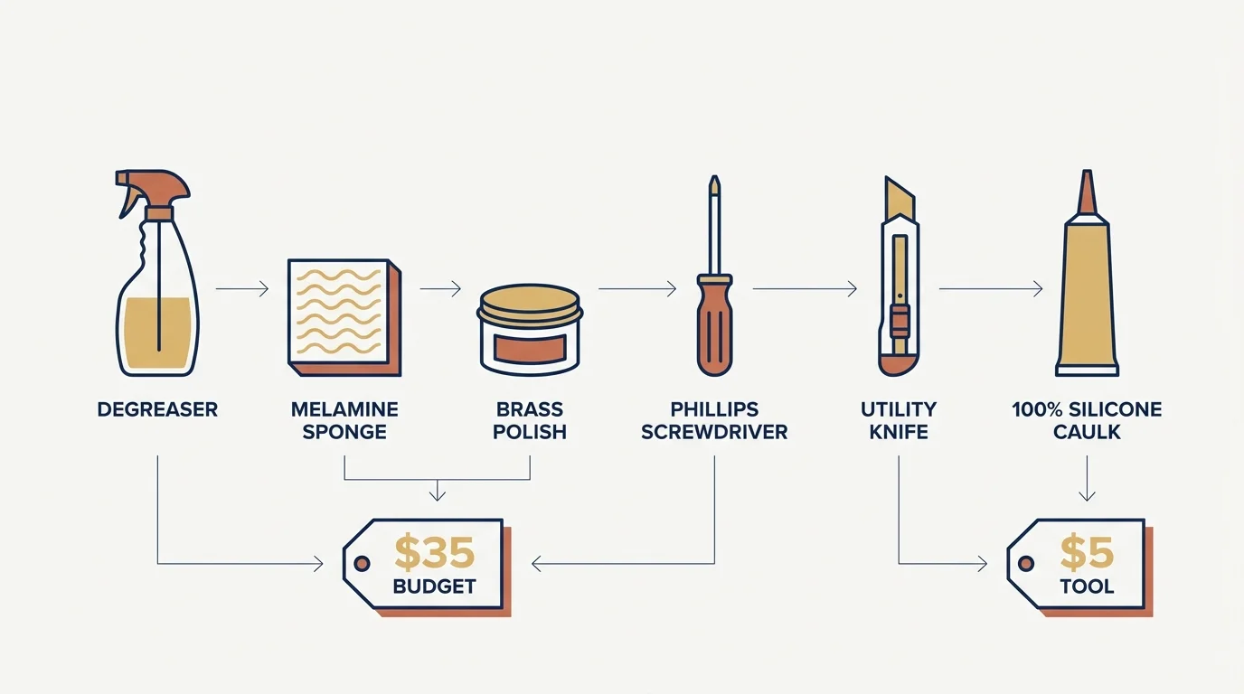 An infographic showing icons for degreaser, sponge, polish, screwdriver, utility knife, and caulk with price labels.