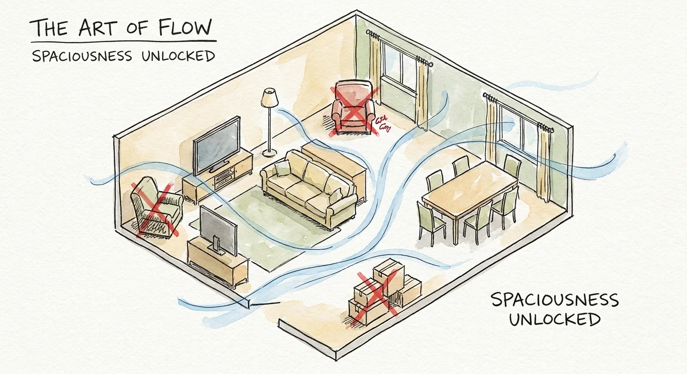 An ink and watercolor floor plan sketch showing clear walking paths and a spacious furniture layout.