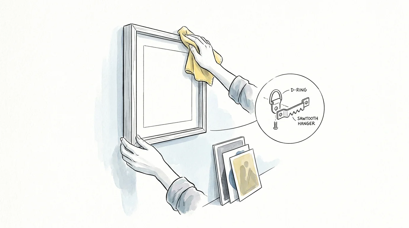 An ink sketch showing a hand dusting a frame and an exploded view of a hanging D-ring, illustrating frame maintenance.