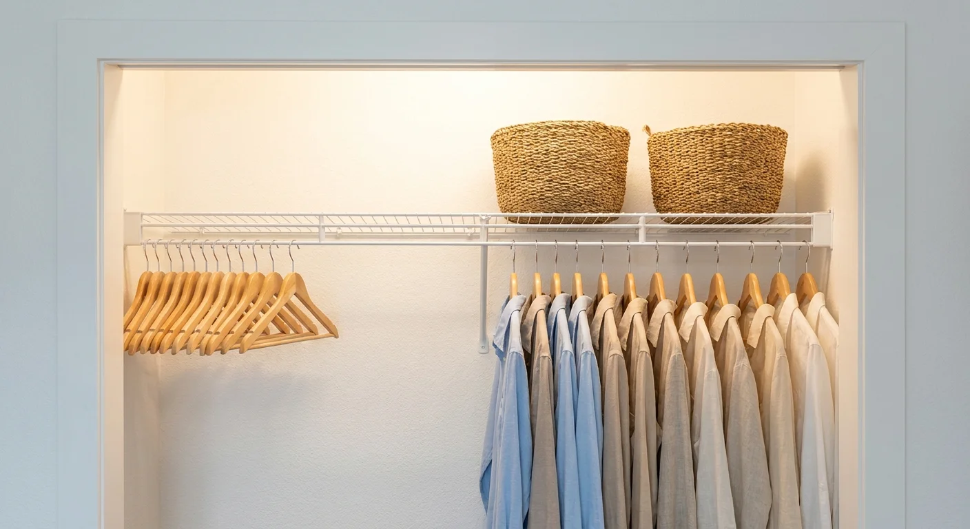 An organized closet with plenty of empty space, featuring wooden hangers and neutral clothing.