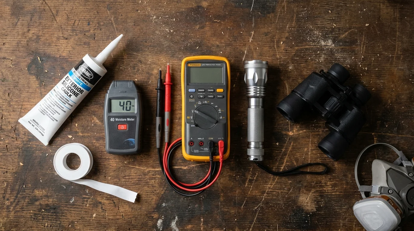 An organized flat-lay of home inspection tools including a moisture meter, flashlight, binoculars, and caulk on a wood workbench.