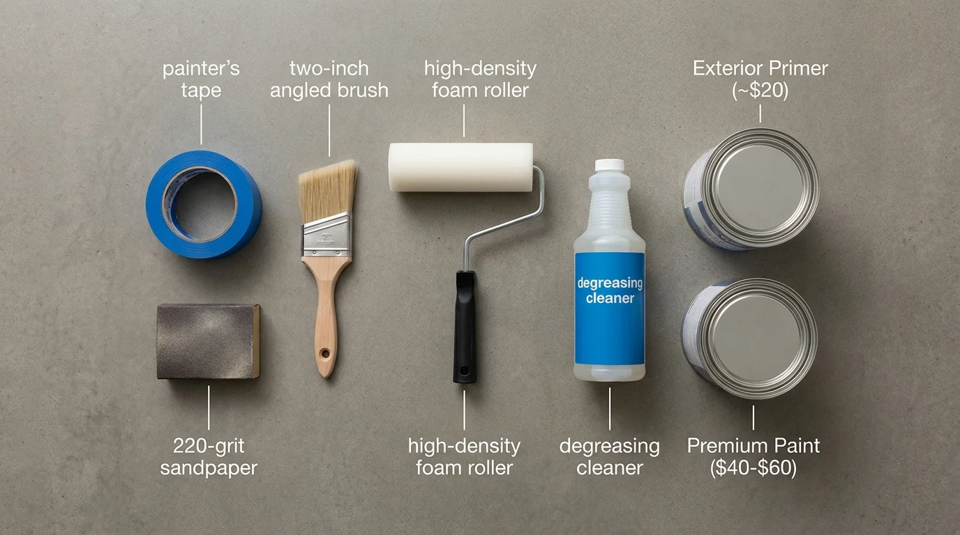 An overhead diagram of painting supplies including primer, paint, sandpaper, and brushes with price labels.