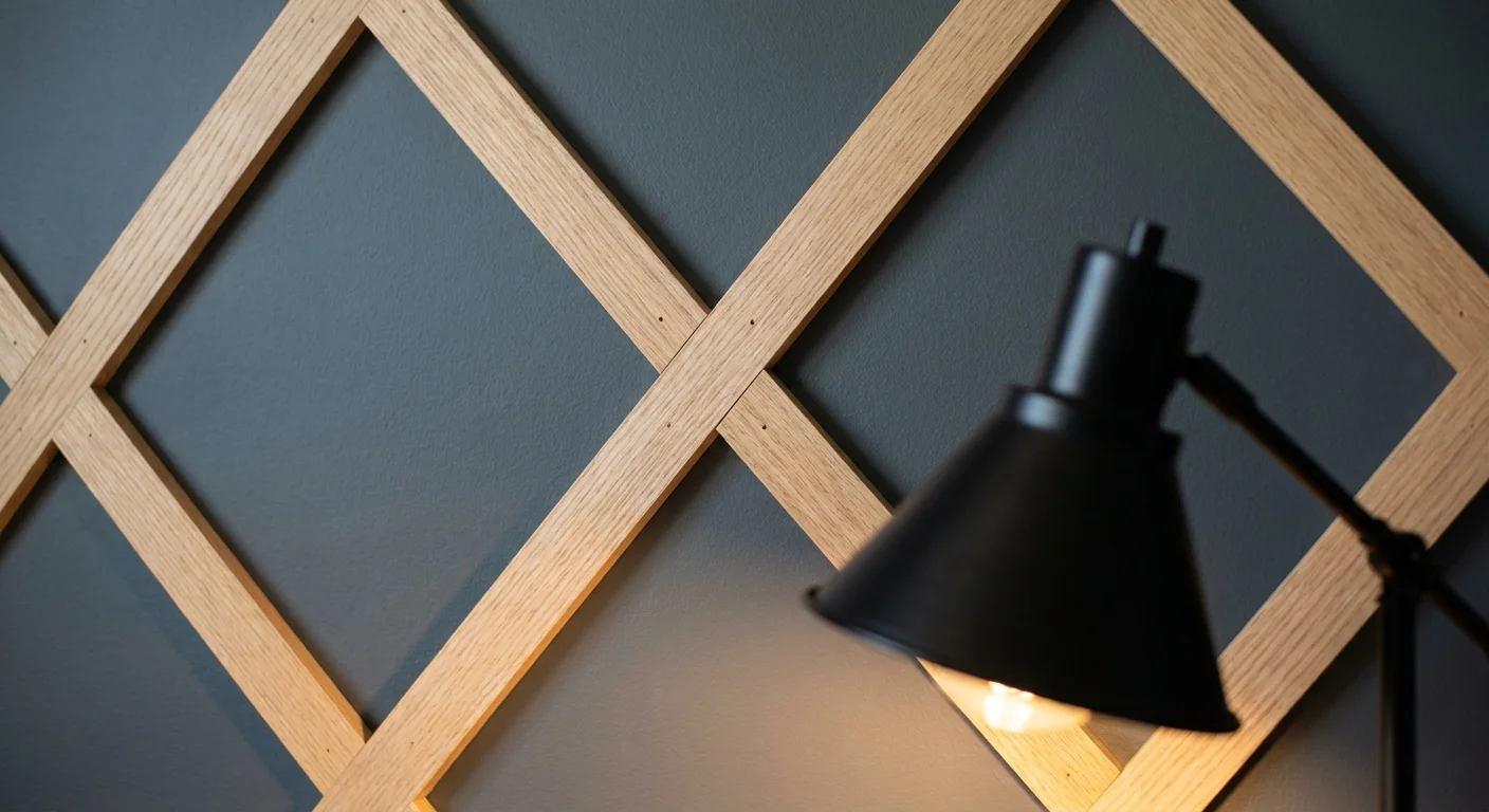 Close-up of a geometric wood paneling design with oak strips over a slate grey wall.
