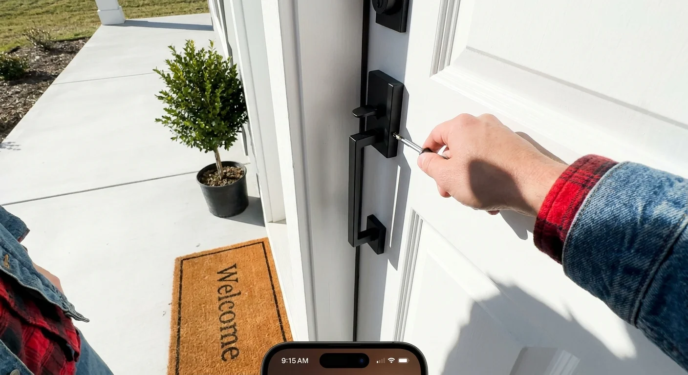 Close-up of a hand installing new black hardware on a white front door, with a glimpse of a porch plant in the background.