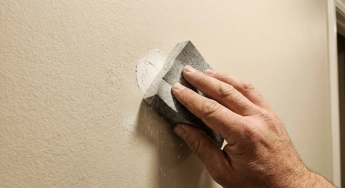 Close-up of a hand using a sanding sponge on a wall patch, with white dust visible on the surface.