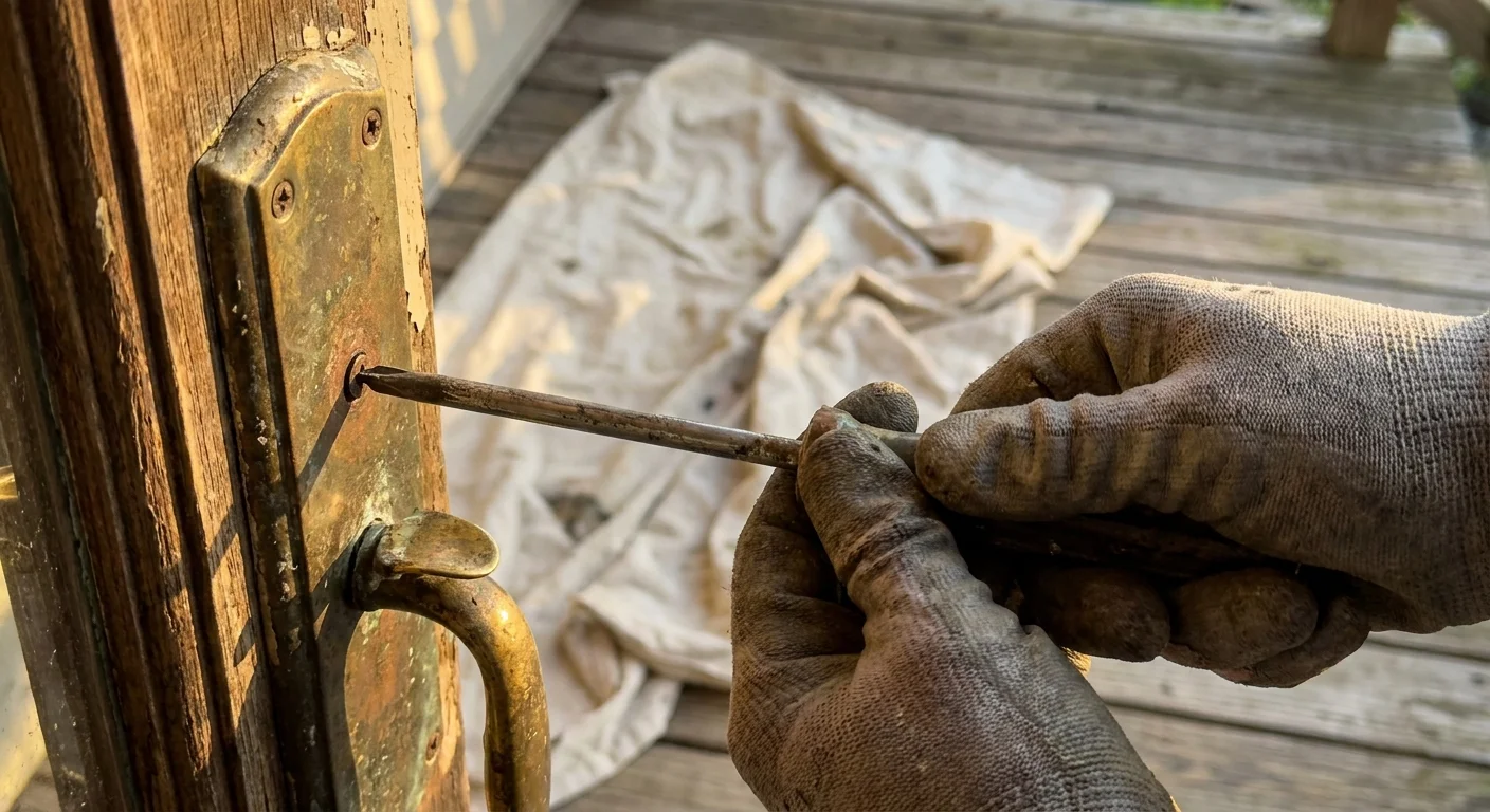 Close-up of hands using a screwdriver to remove a brass handle from a wooden front door.