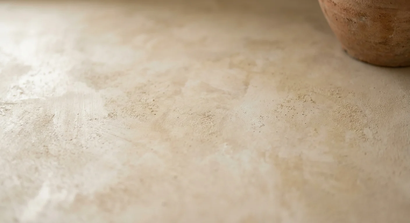 Close-up of the chalky, mottled texture of a beige limewash wall finish.