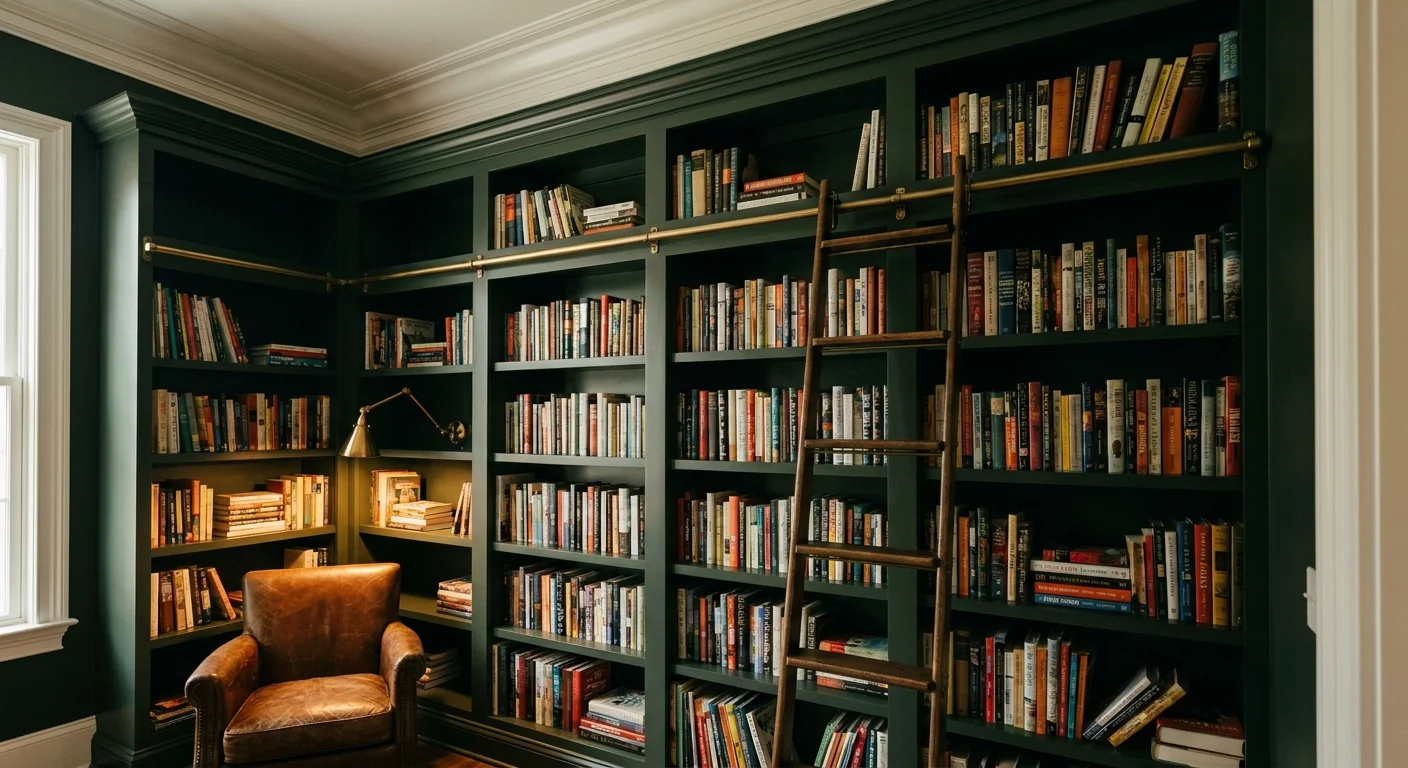 Floor-to-ceiling forest green bookshelves filled with books in a cozy library nook.