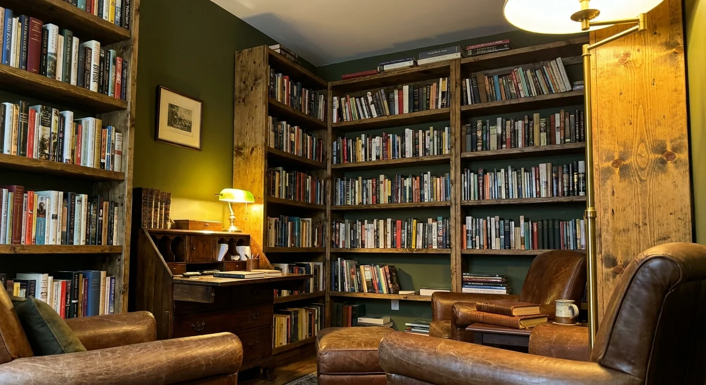 Floor-to-ceiling wooden bookshelves against an earthy olive drab green wall in a study.