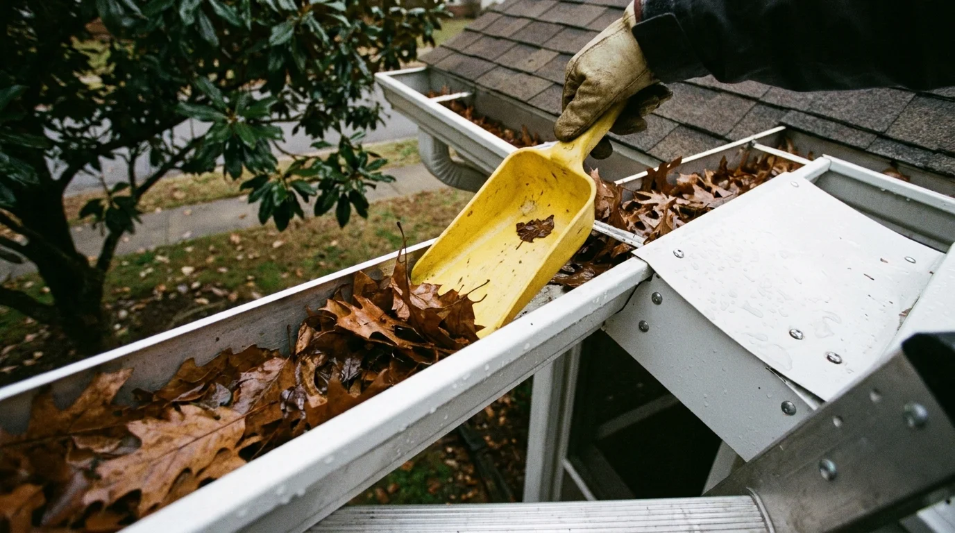 Looking down into a rain gutter being cleared of leaves with a plastic scoop.