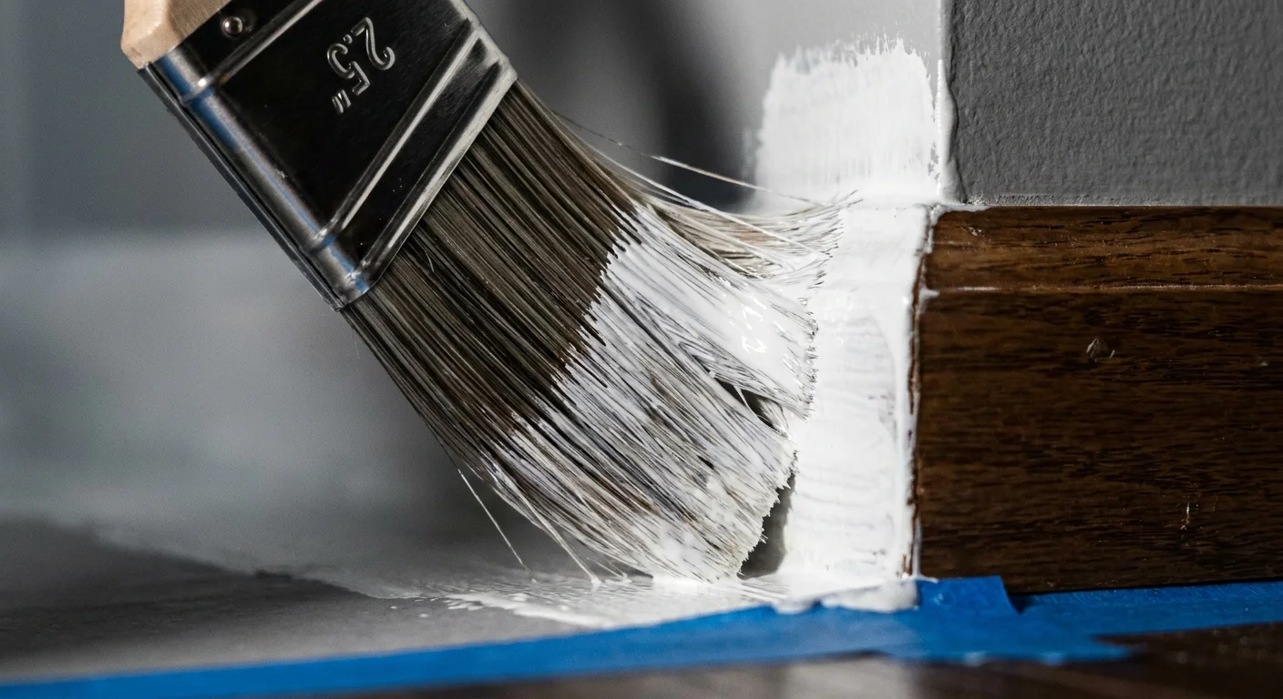 Macro shot of a paintbrush applying white primer precisely along a baseboard with blue tape.