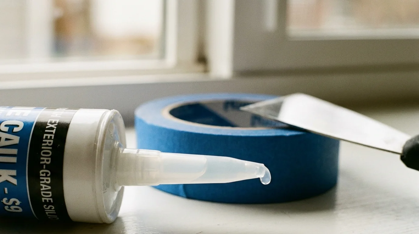 Macro shot of a silicone caulk tube and plumber's tape, essential for immediate home maintenance patching.
