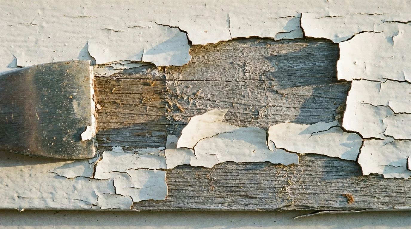 Macro shot of peeling white paint on wood siding, showing the weathered wood grain underneath.