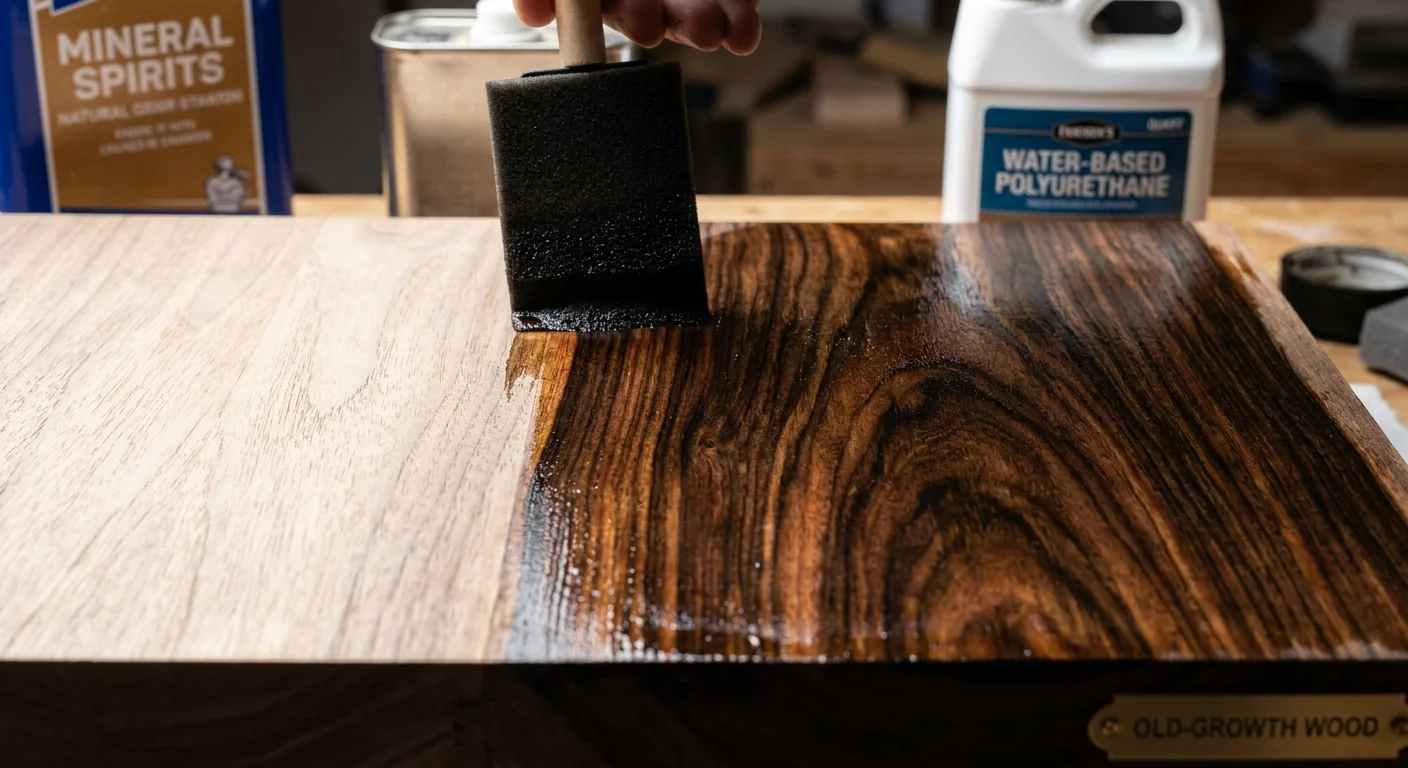 Macro view of wood grain being transformed from dry to rich brown by the application of tung oil with a foam brush.