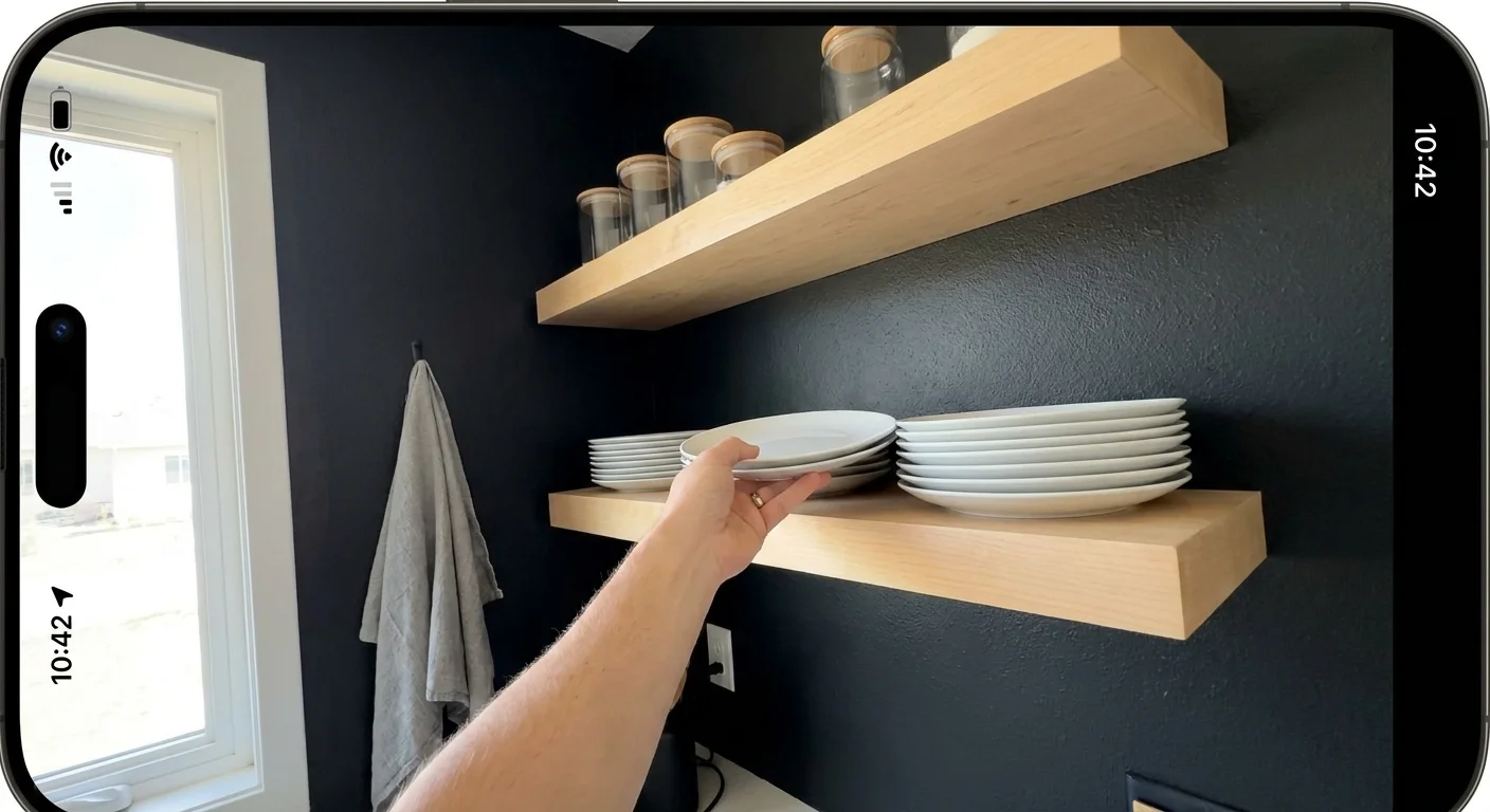 Modern kitchen shelving made of light blonde wood against a dramatic charcoal black wall.