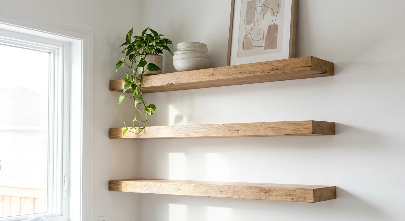 Thick white oak floating shelves on a white wall, styled with ceramics and a plant.