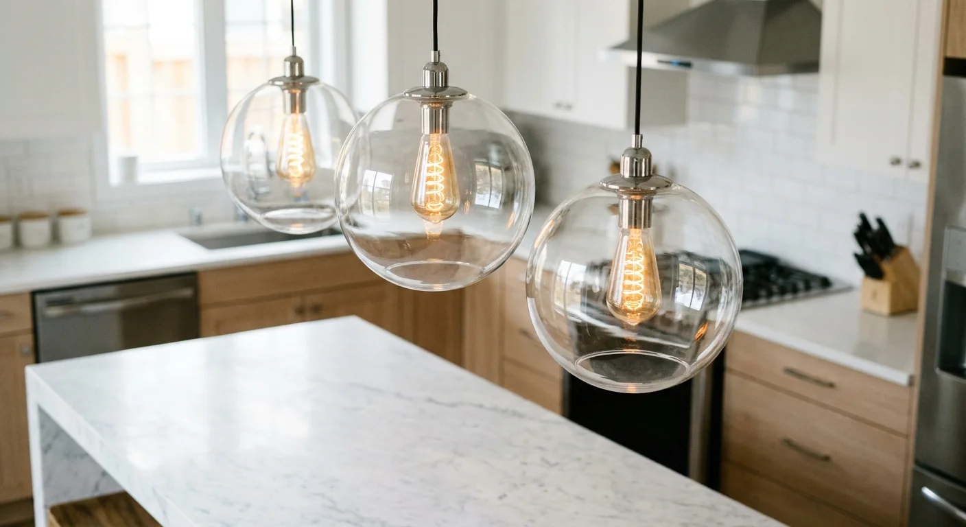 Three clear glass globe pendants with Edison bulbs hang over a marble kitchen island in a bright, modern kitchen.