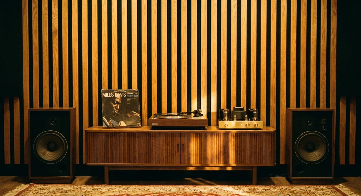 Vertical wood slat panels with black backing behind a record player in a warm, moody media room.