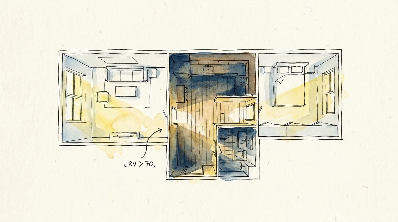 Watercolor floor plan showing light rays bouncing from windowed rooms into a central dark hallway labeled LRV 70.