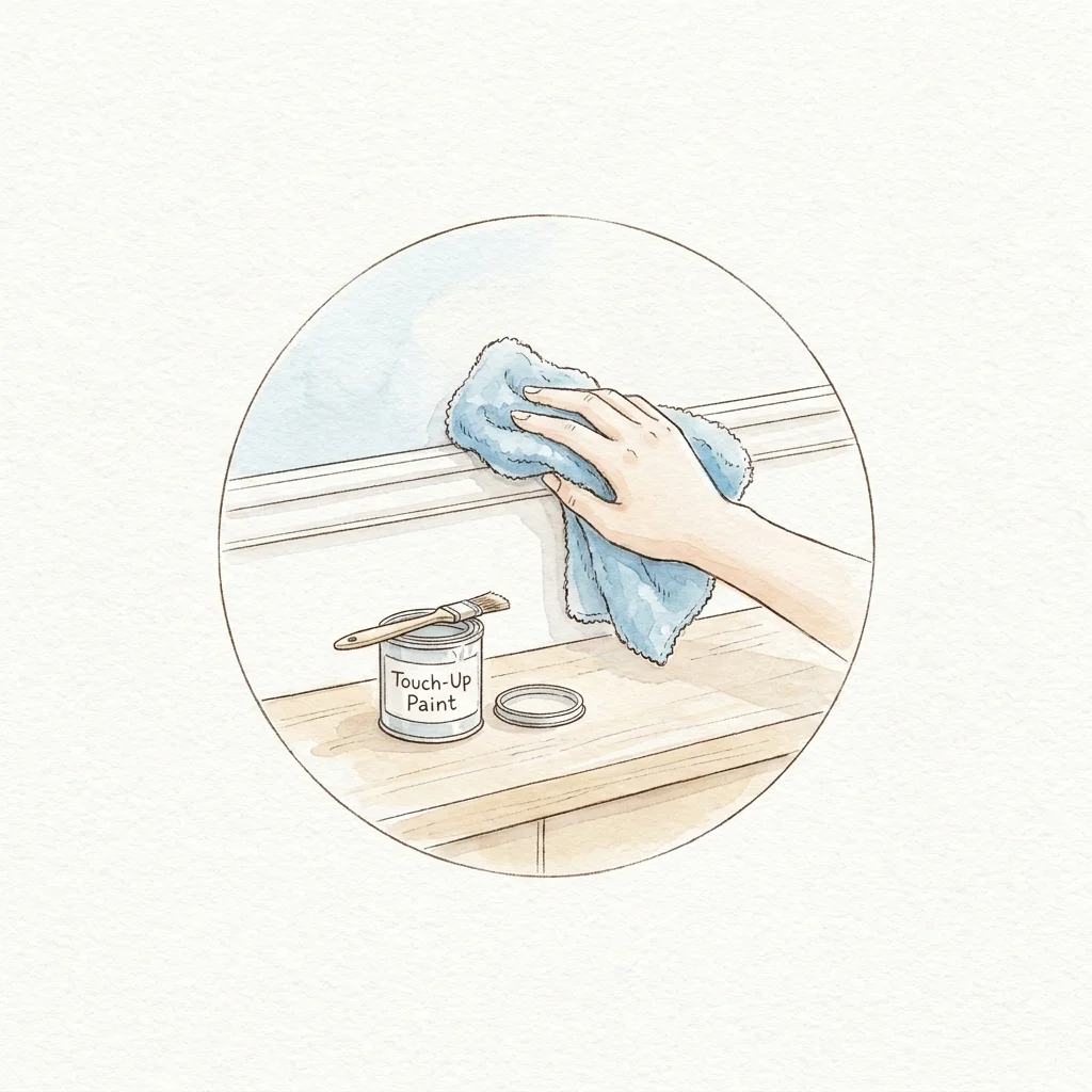 Watercolor illustration of a hand dusting wall trim next to a small can of touch-up paint.