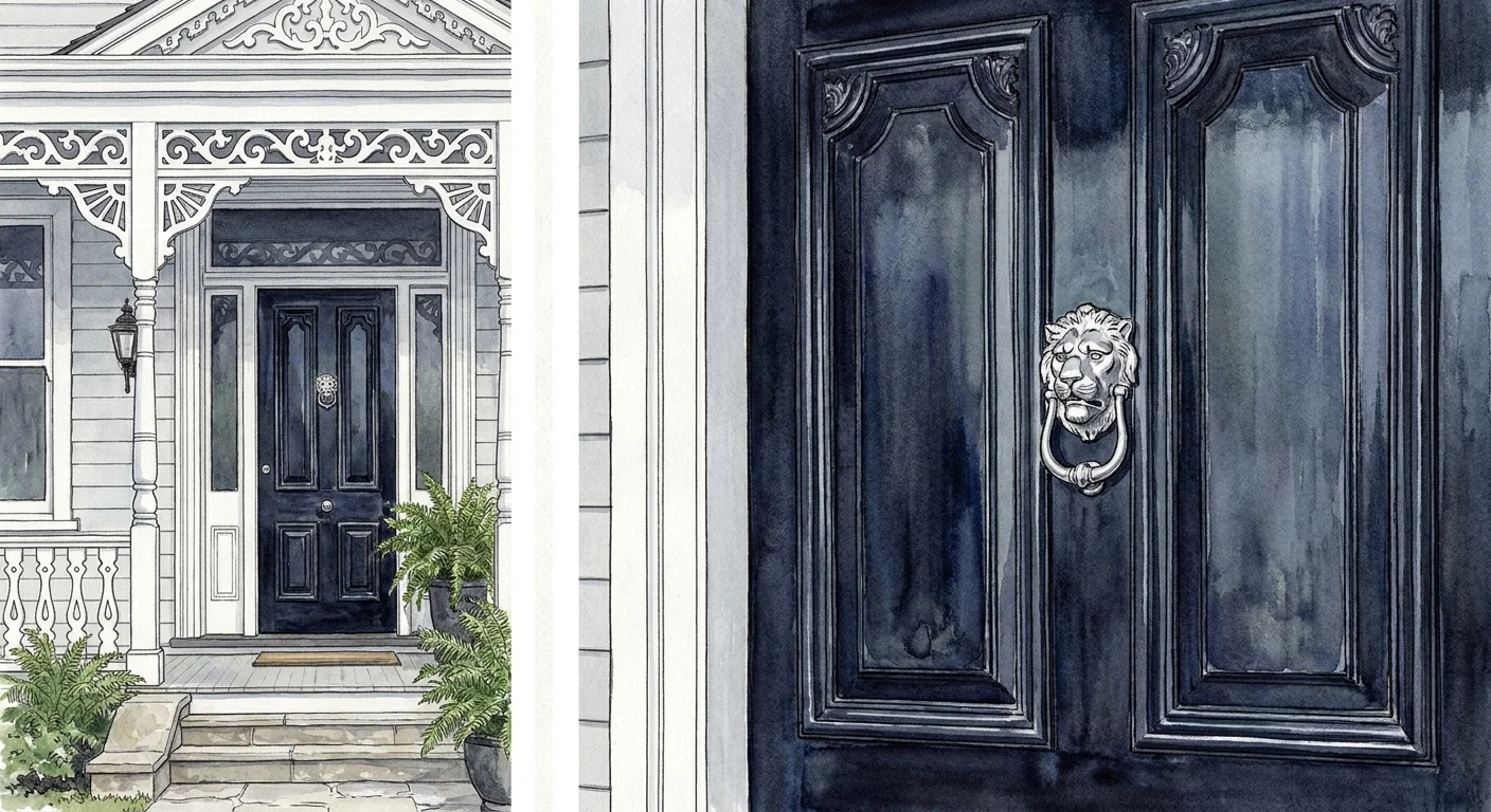 Watercolor illustration of a Victorian house with a high-gloss charcoal black front door.