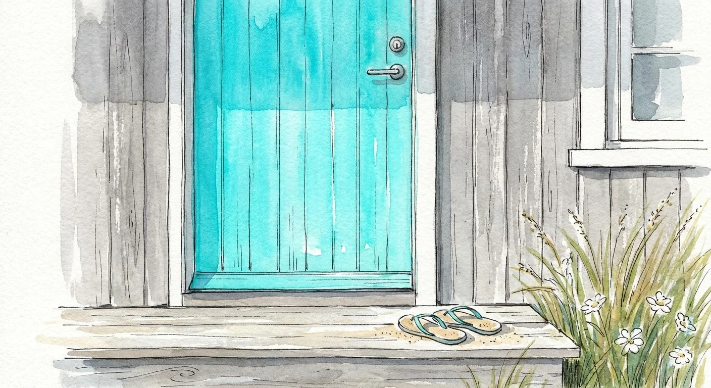 Watercolor illustration of a weathered grey beach cottage with a bright aqua door.