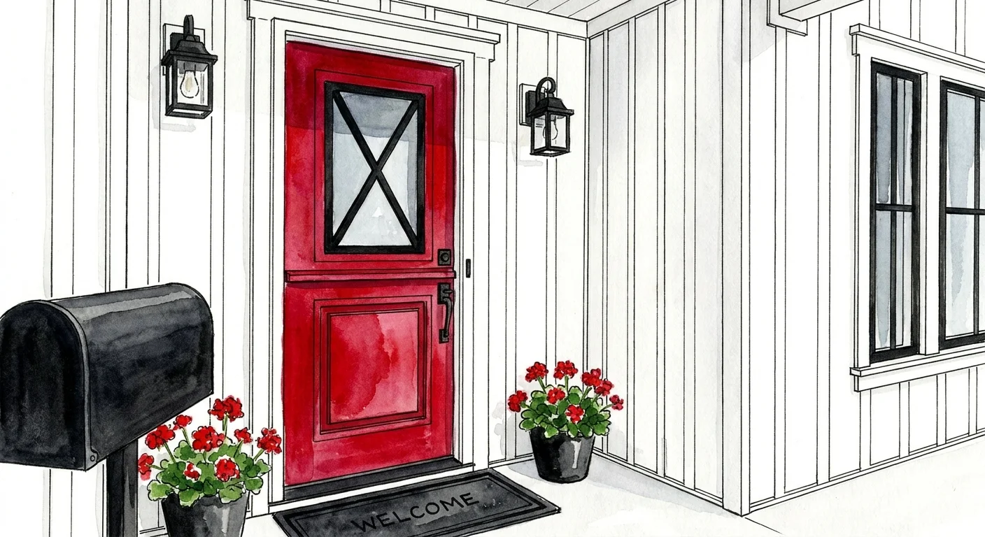 Watercolor illustration of a white farmhouse with a vibrant ruby red front door.