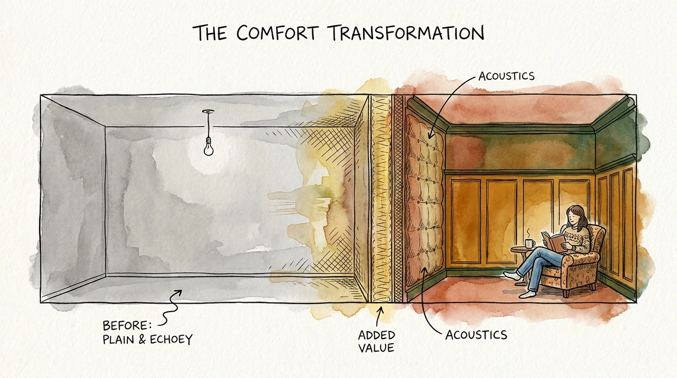 Watercolor illustration showing a room transforming from a plain grey box to a warm, textured space with architectural details.