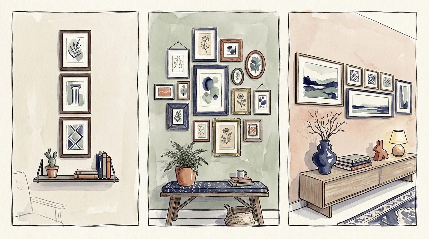 Watercolor illustrations of three frame layouts: vertical, eclectic gallery, and horizontal, showing different styling options.