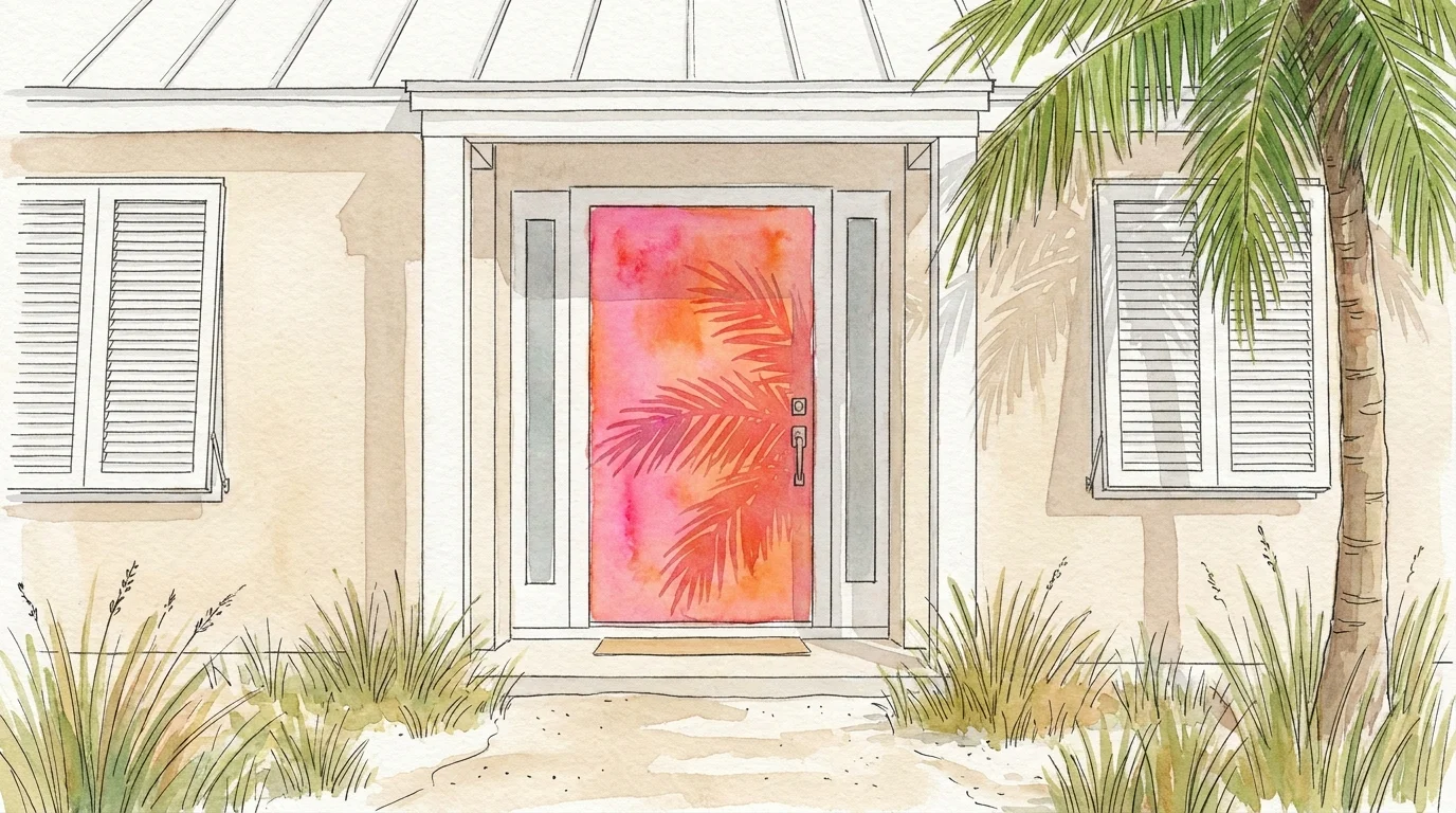 Watercolor painting of a sandy-colored coastal home with a vibrant coral pink door.