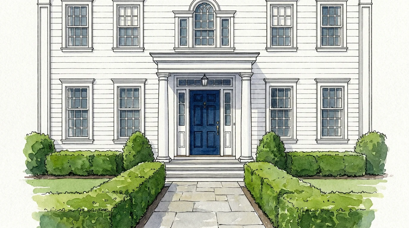 Watercolor painting of a white colonial house with a deep navy blue front door and green hedges.