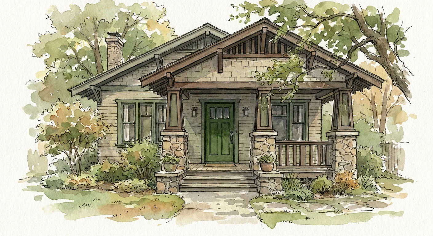 Watercolor sketch of a craftsman bungalow with a deep forest green door and stone accents.