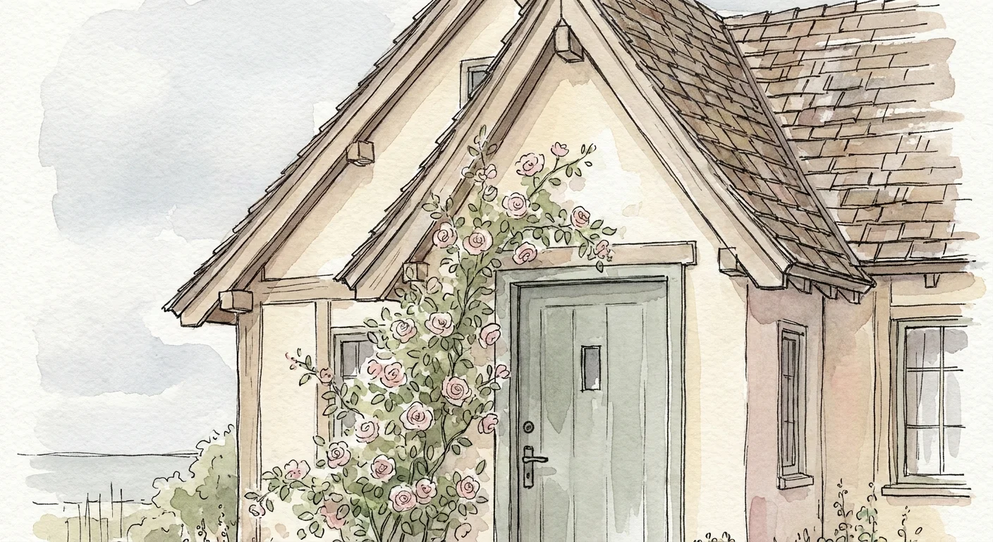 Watercolor sketch of a cream cottage with a soft sage green door and climbing roses.