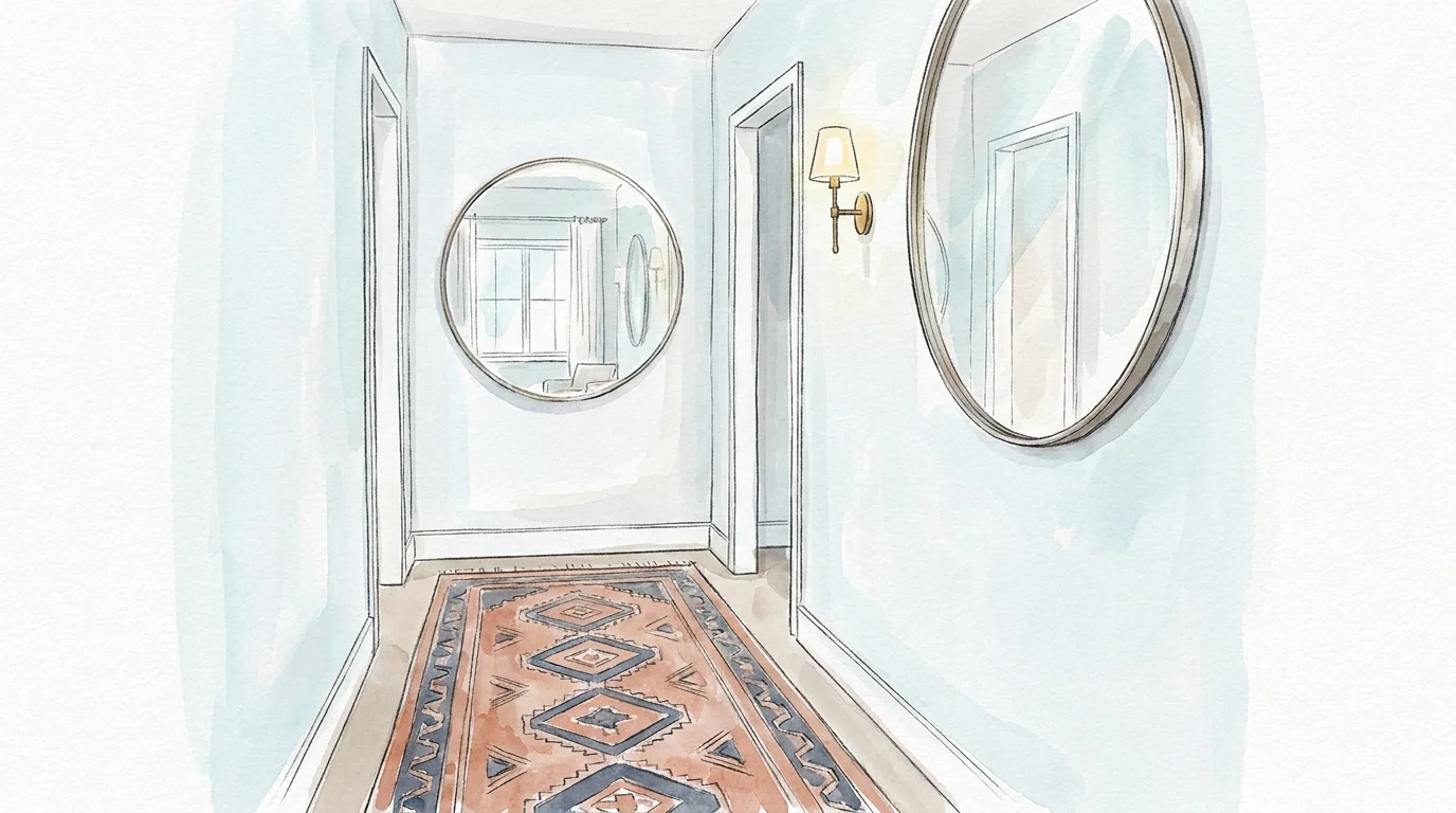 Watercolor sketch of a styled hallway with a geometric rug, a round mirror, and soft wall colors.