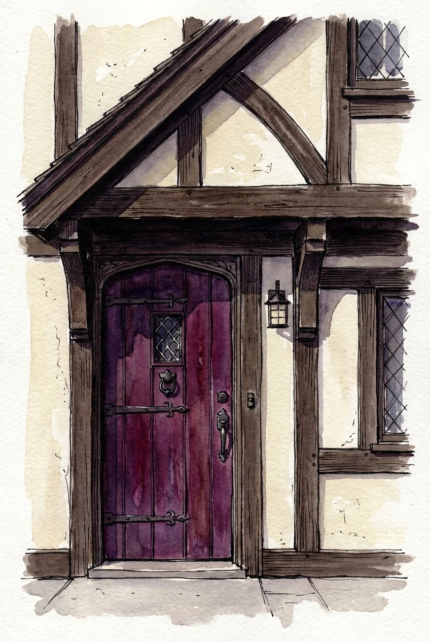 Watercolor sketch of a Tudor house with a rich, dark plum purple front door and iron hardware.