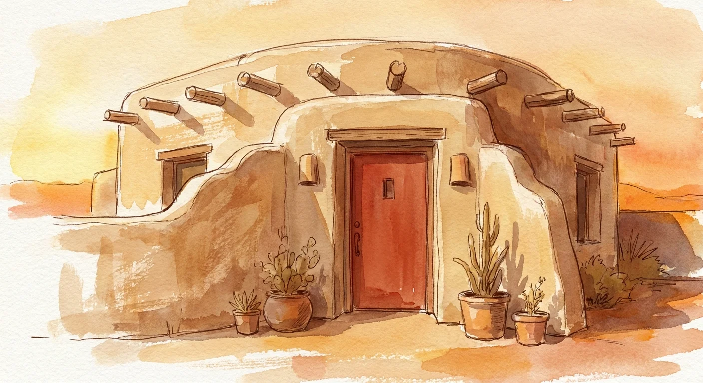 Watercolor sketch of an adobe house with a warm terracotta clay-colored front door.