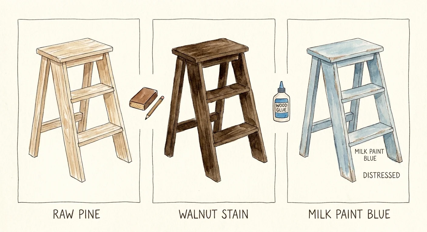 Watercolor sketches of three step stools with different finishes: natural, stained, and blue-painted.