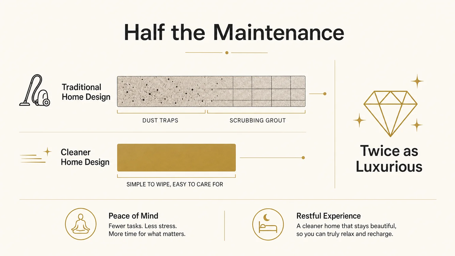 A bar chart showing how cleaner home design requires half the maintenance compared to traditional design choices.