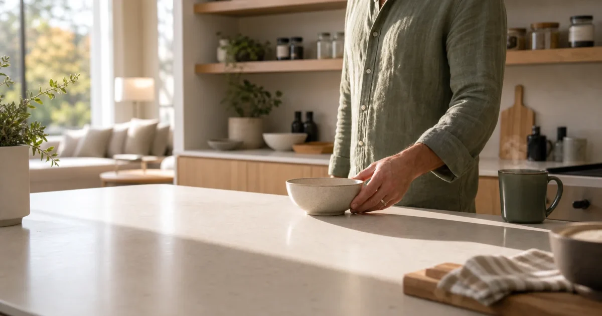 A bright, clean kitchen with seamless quartz countertops and oak shelves, focusing on smooth surfaces that resist dust and grime.