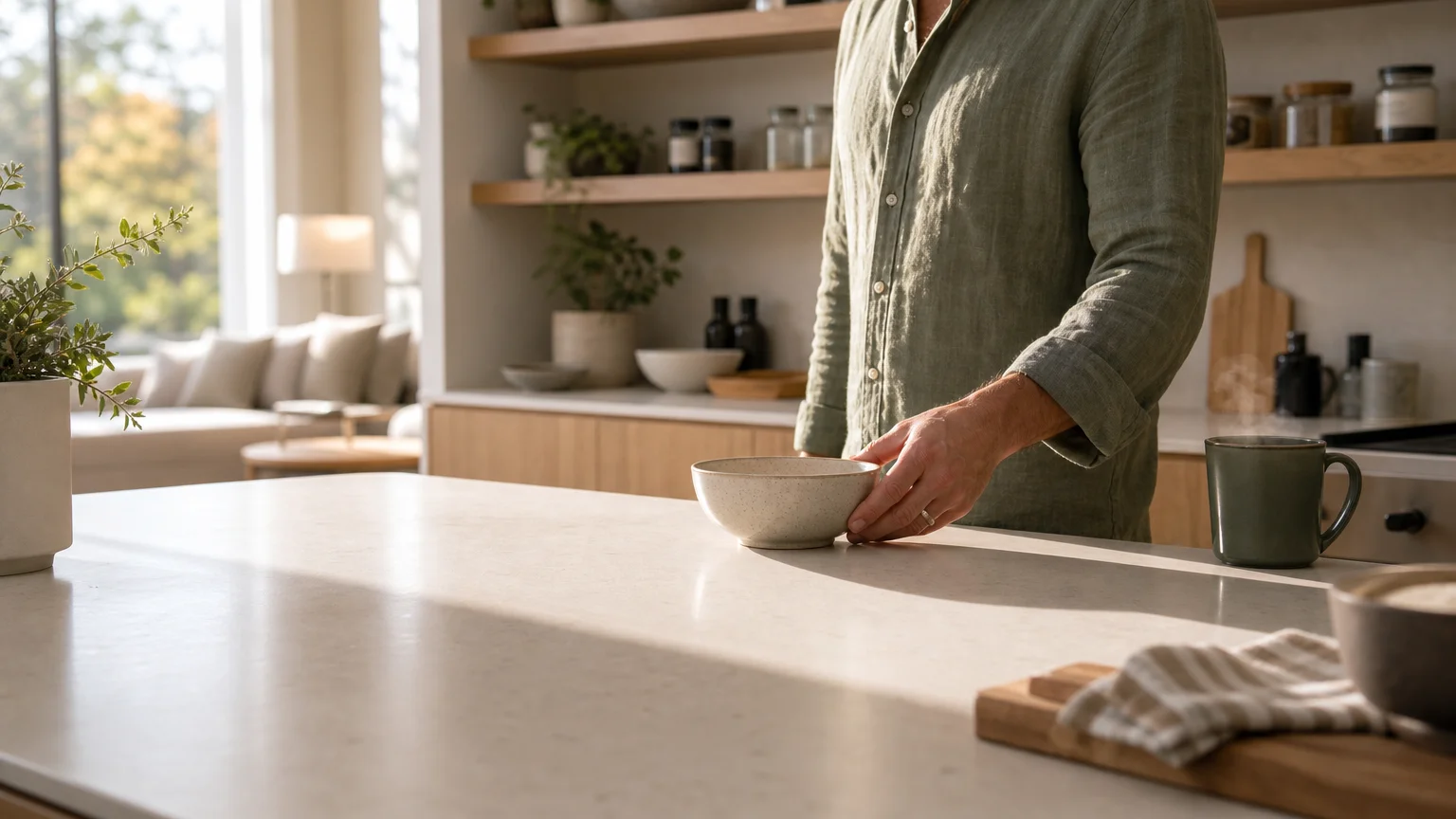 A bright, clean kitchen with seamless quartz countertops and oak shelves, focusing on smooth surfaces that resist dust and grime.