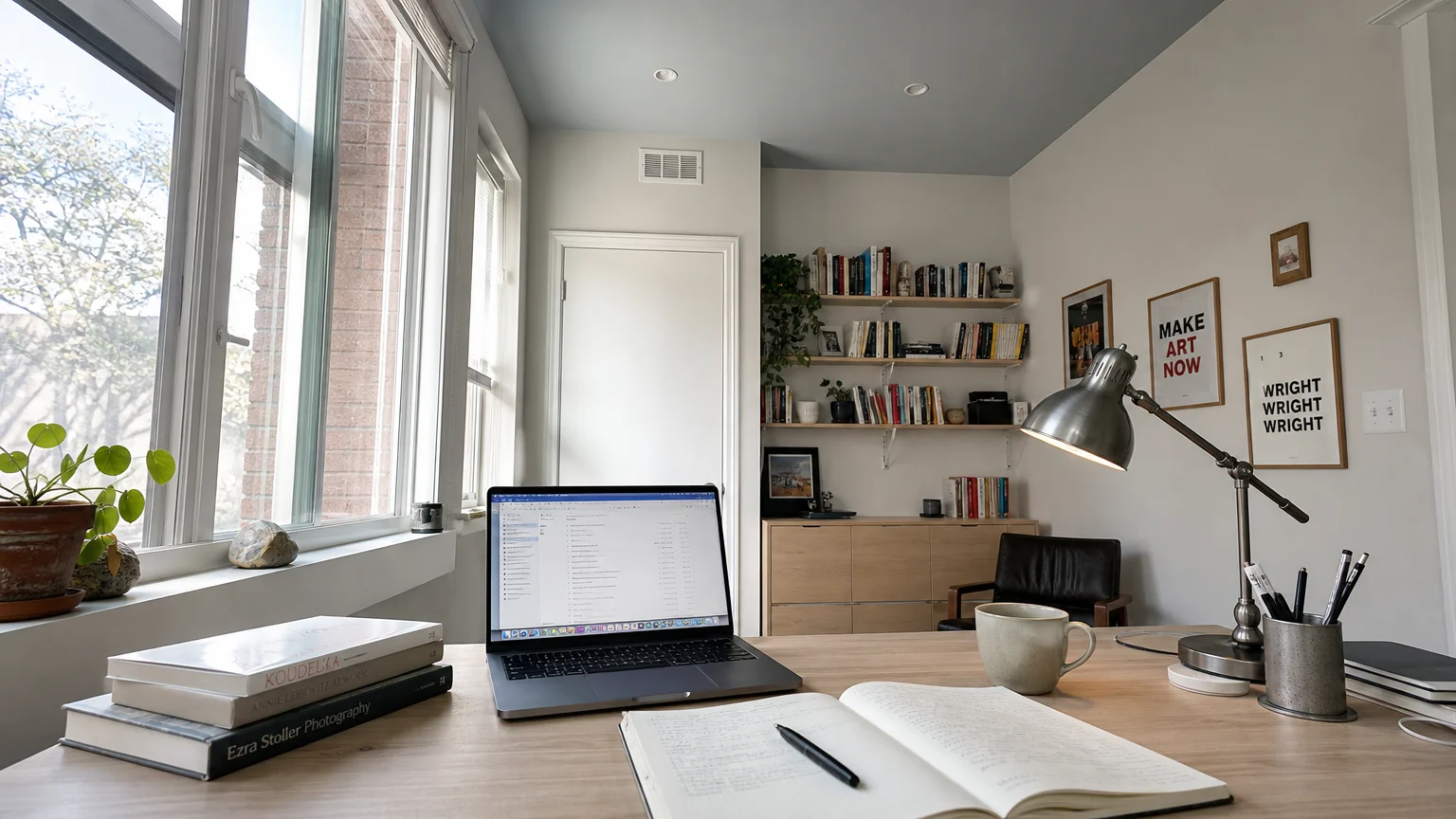 A bright home office featuring a cool, barely-there gray ceiling that recedes to create vertical space.