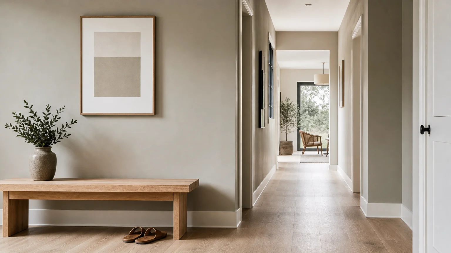 A bright minimalist hallway with walls painted in soft greige with green undertones, featuring a light oak bench.