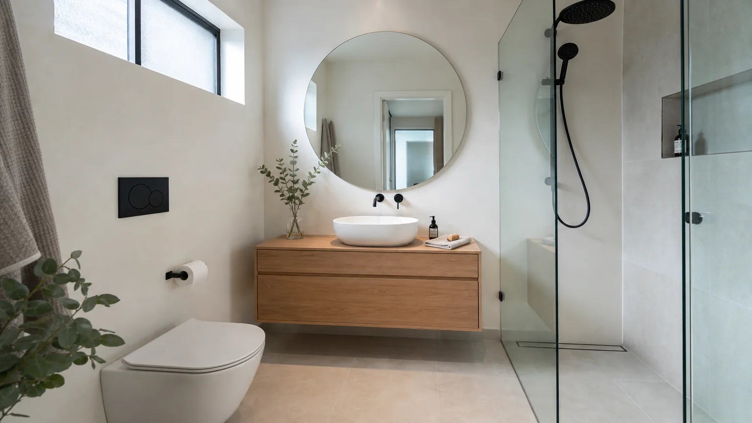 A bright, modern small bathroom featuring an oak floating vanity, round mirror, and a seamless frameless glass shower panel.