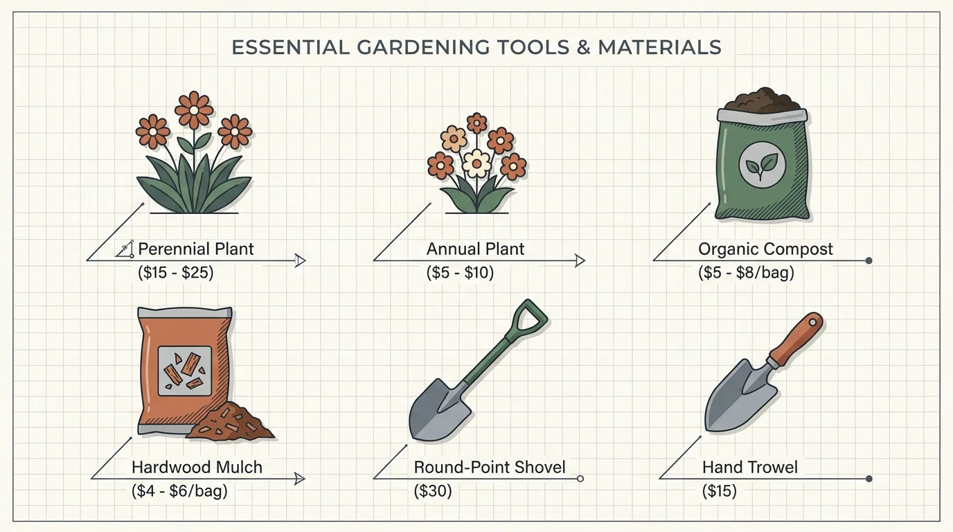 A clean diagram showing gardening tools and materials with their prices, including a shovel, trowel, compost, mulch, and plants.
