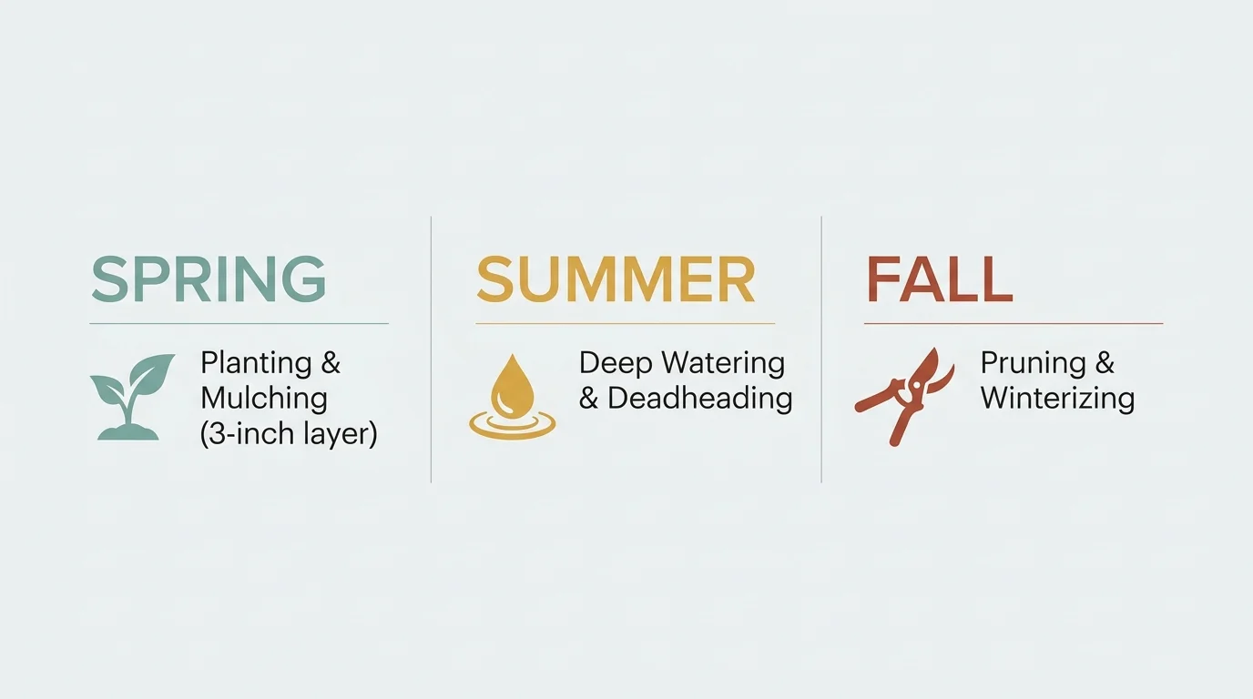 A clean seasonal timeline diagram showing maintenance tasks for spring, summer, and fall with simple icons.