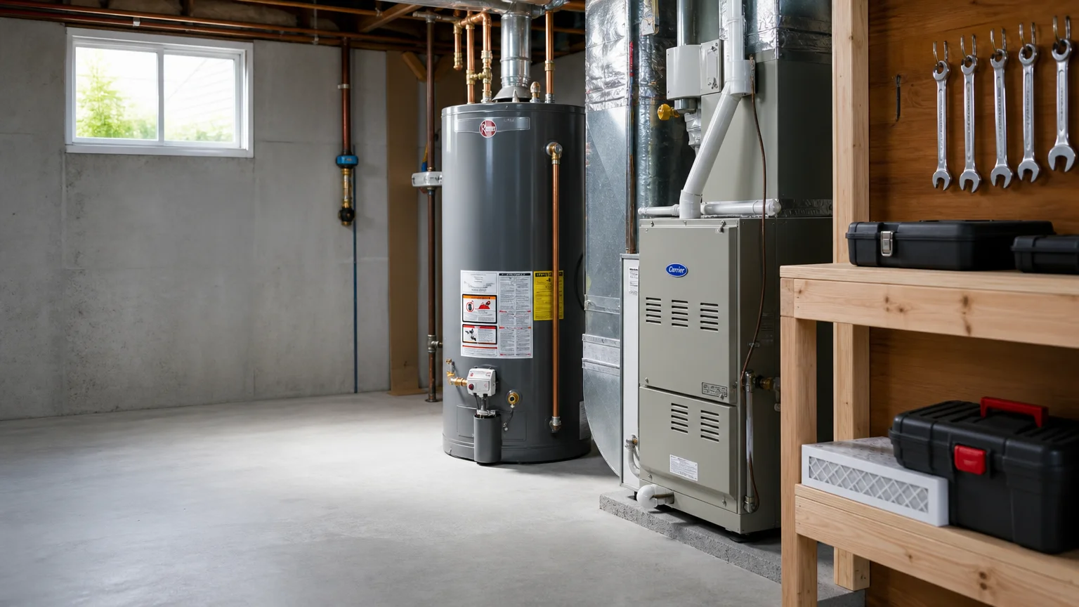 A clean, swept utility room with a water heater and HVAC unit, showing a clear floor space free of clutter.