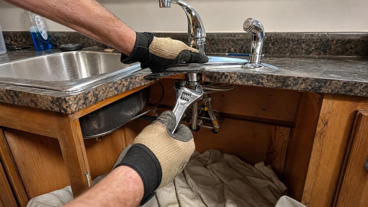A close-up, documentary-style photo of hands using a wrench to install a new kitchen faucet.