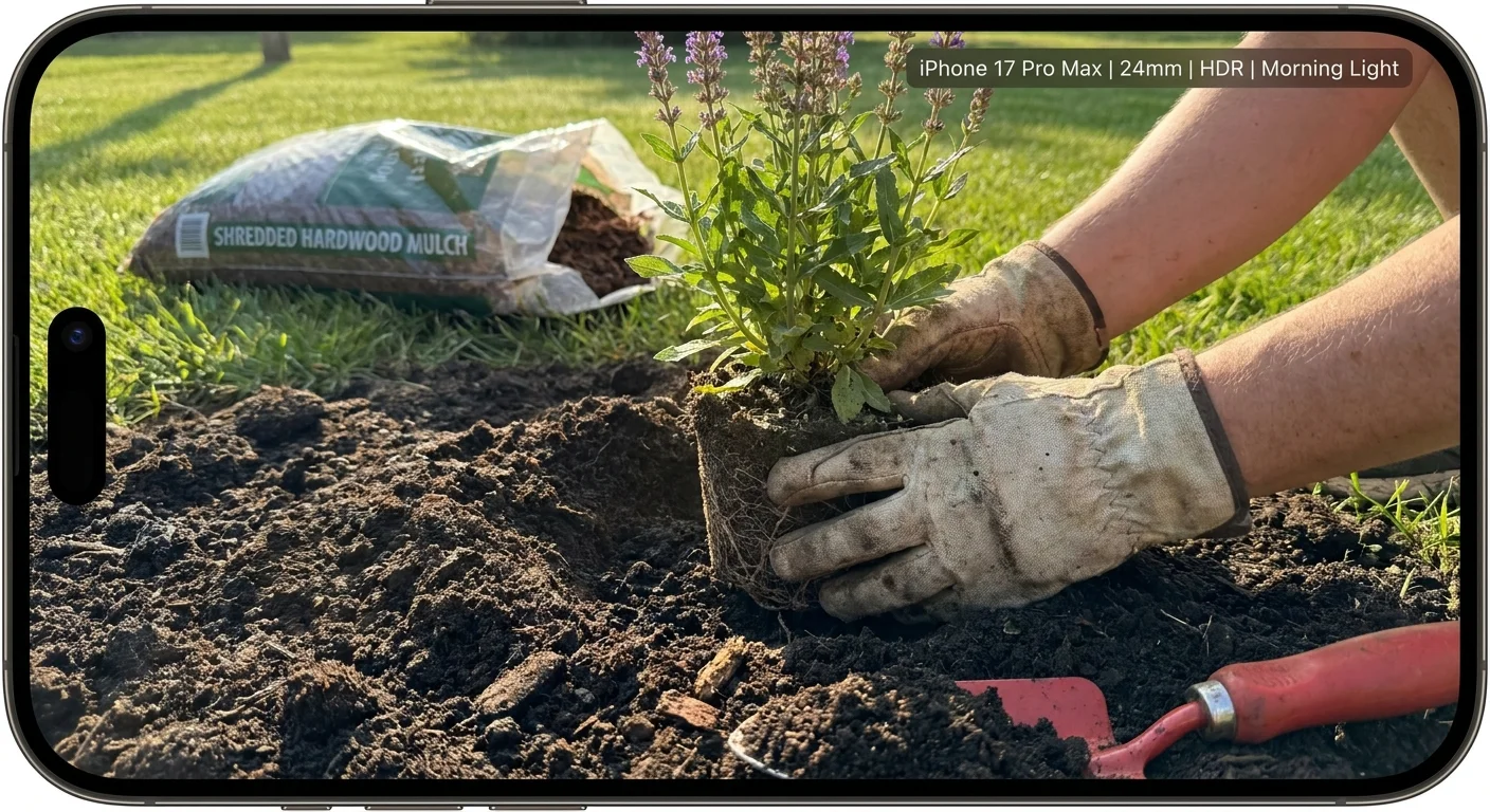 A close-up, first-person photo of gloved hands planting a flowering perennial into dark, rich garden soil.
